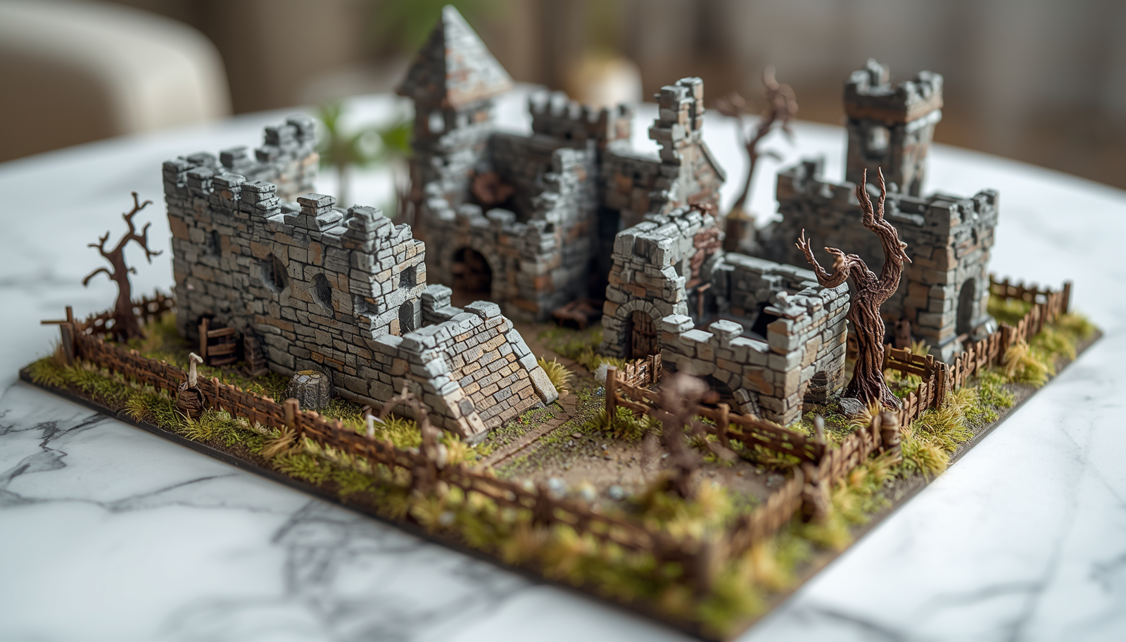 Real_photograph_of_actual_3D_printed_tabletop_gaming_terrain_pieces_medieval_fantasy_village_with_stone_ruins_damaged_buildings_towers_wooden_fences_and_dead_trees_showing_visible_lay.png